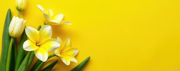 Obraz premium Vibrant yellow and white flowers with green leaves on a bright yellow backdrop, spring, garden