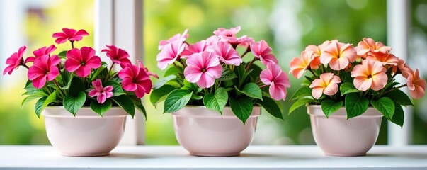 Naklejka premium Vibrant hanging baskets filled with pink and peach petunias on white surface, decoration, garden