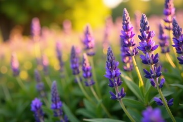 Obraz premium Vibrant purple flowers blooming among golden leaves and lavender in a lush field, field, peaceful