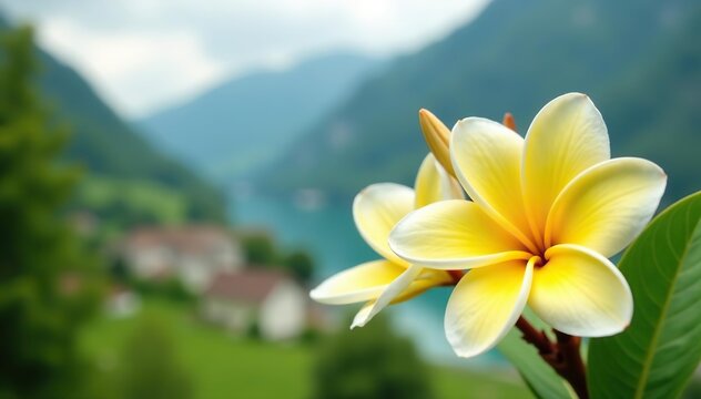 Vibrant yellow and white Frangipani flowers beautifully blooming in St Gallen, Switzerland,  Plumeria Rubra,  yellow