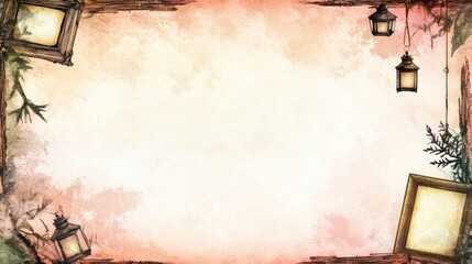 Vintage-style Background with Lanterns and Frame Decorations in Soft Pastel Tones