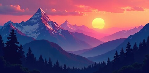 Obraz premium Vibrant sunset over majestic mountain ridges with stunning colors, layered landscapes, nature's beauty Majestic Ridge illustration, vibrant, beauty