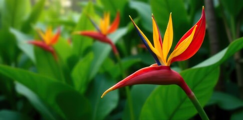 Vibrant Heliconia Psittacorum flowers in full bloom, showcasing their bright red and yellow hues against lush green foliage,  psittacorum,  Ecuador
