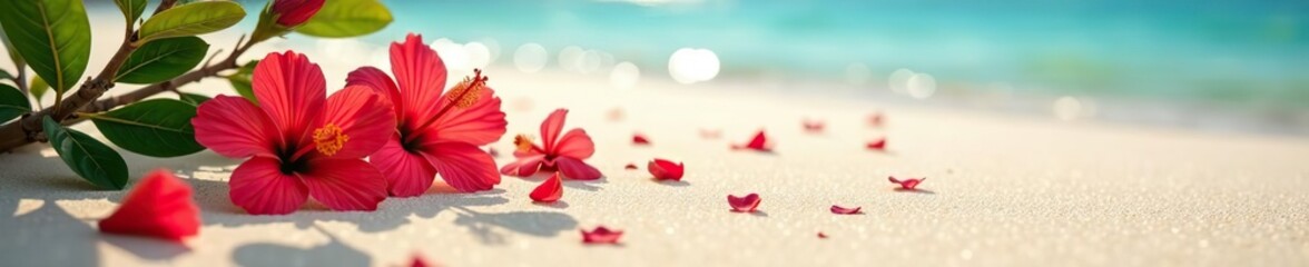 Vibrant hibiscus blossoms scattered on a sandy tropical beach,  tropical,  vibrant
