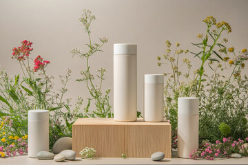 product photography mockups of various skincare essences white shampoo, cream, serum, oil,  containers set on a wooden podium in the gradient herbal background. mockup 