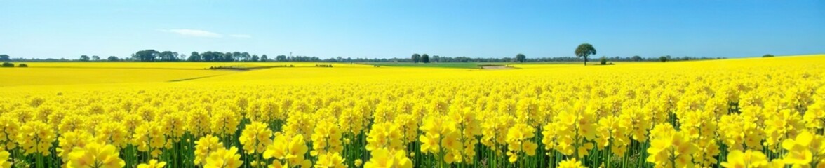 Vibrant yellow canola fields in full bloom set against a clear blue sky in the countryside of South Australia,  clear sky,  vibrant