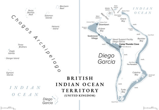 British Indian Ocean Territory, BIOT, gray political map. Atolls of Chagos Archipelago in the Indian Ocean with largest island Diego Garcia, the site of a Joint Military Facility of the U.K. and USA.