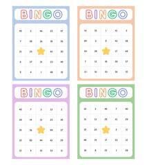 Bingo card random numbers printable template set. Vector illustration simple bingo card design.