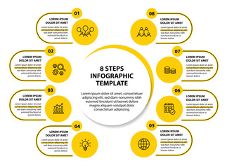 Infographic template with icons and 8 options or 8 steps. Can be used for workflow layout, diagram, timeline, banner, webdesign, business report, presentation. Vector illustration.