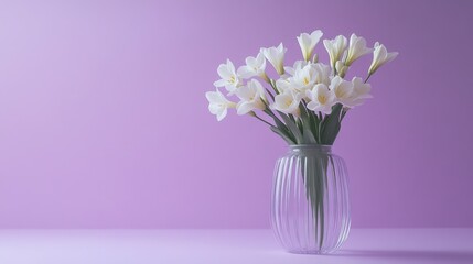 Soft white freesias in a tall frosted vase, standing against a pastel lilac background