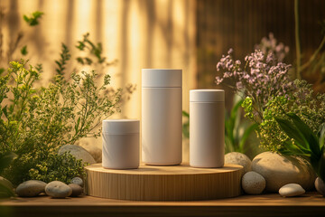 product photography mockups of various skincare essences white shampoo, cream, serum, oil,  containers set on a wooden podium in the gradient herbal background. mockup 