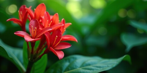 Vibrant red wild ginger tropical flowers blooming in lush foliage, red,  tropical