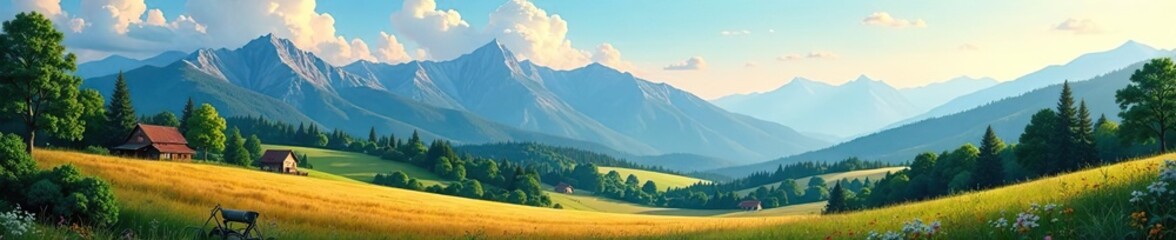 Obraz premium Vibrant illustration of mountains, forests, fields, and meadows with panoramic farm landscape and mountains in background, forests, mountains