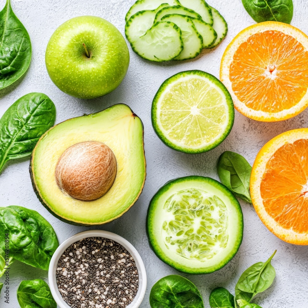 Poster assorted citrus fruits including lime lemon orange and grapefruit slices with herbs and seeds on cle