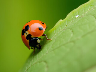 Fototapeta premium Close-up of a Ladybug on a Green Leaf with Water Droplets, Nature, Macro Photography.