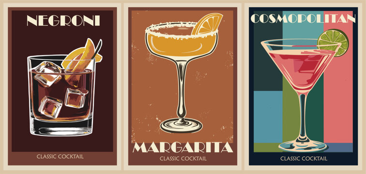 Cocktails retro poster set. Negroni, Margarita, Cosmopolitan. Collection of popular alcohol drinks. Vintage style vector illustrations, bar, pub, restaurant, kitchen wall art print