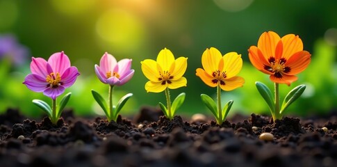 Obraz premium Vibrant seedlings of assorted flowers arranged for planting in a garden bed, nature, colorful