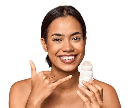Filipino woman holds deodorant in studio showing a mobile phone call gesture with fingers.