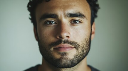 Obraz premium Ultra-detailed passport-style portrait of a man, subtly blending features from diverse individuals of different ethnic backgrounds, clean-shaven and with various hairstyles