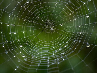 Obraz premium Detailed Macro Photo of a Spider Web with Water Droplets, Natural Beauty, Green Background.