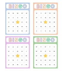 Bingo card random numbers printable template set. Vector illustration simple bingo card design.