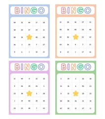 Bingo card random numbers printable template set. Vector illustration simple bingo card design.
