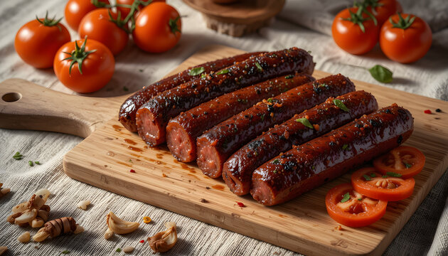 Kupati.Fresh sausages with sliced tomatoes on a wooden cutting board  