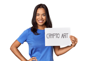 Woman with "crypto art" sign in studio showing a copy space on a palm and holding another hand on waist.