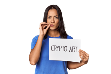 Woman with "crypto art" sign in studio with fingers on lips keeping a secret.
