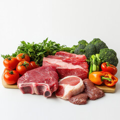 a bunch of meat and vegetables, they look fresh and tasty. The background is white colored. 