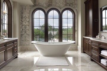 A luxurious bathroom featuring a freestanding tub, elegant cabinetry, and large arched windows that offer scenic views and natural light.