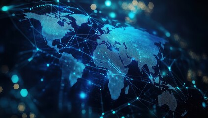 Abstract digital world map with global network connections, in shades of blue and orange