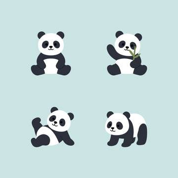 Cute panda flat design collection, vector illustration