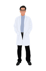 Male doctor character front view full length. Asian confident healthcare professional wearing eyeglasses and lab coat. Flat cartoon Vector realistic illustration isolated