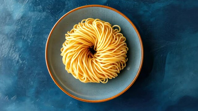 Spaghetti Noodles in Spiral Shape on Blue Plate with Colorful Background