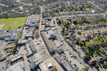 Obraz premium Aerial view of the Woodley downtown center. Small town in Wokingham, Reading, Berkshire