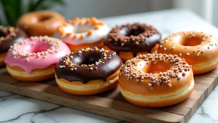 Donuts with various colors, textures, and toppings.