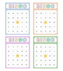 Bingo card random numbers printable template set. Vector illustration simple bingo card design.