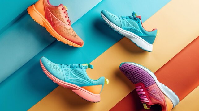Diverse scarpe da corsa colorate su uno sfondo brillante, mostrando una gamma di colori e design accattivanti.

