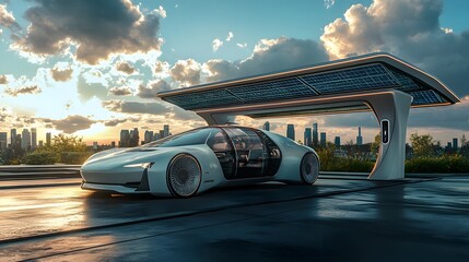 Fototapeta premium 16. A futuristic car charging at a solar-powered charging station