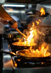 Chef is cooking on the stove food cookware person.