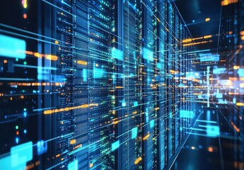 Fototapeta premium Dynamic 3D render of a high-speed data center with glowing connections and digital energy, perfect for network performance, cloud systems, and futuristic tech themes