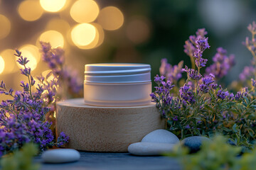 product photography mockups of various skincare essences transparent shampoo, cream, serum, oil,  containers set on a wooden podium in the gradient herbal background. mockup 