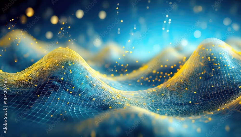 Poster abstract digital landscape with golden mesh wave and glowing particles, futuristic data visualization, ai technology concept

