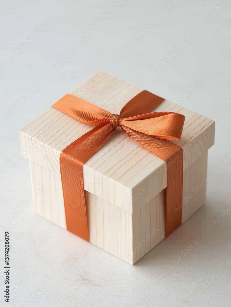 Poster the image is of a small gift box made of light-colored wood. the box is square in shape and has a ri