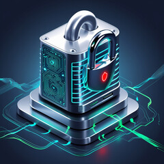 A sleek and modern isometric illustration of cloud security, featuring a silver, metallic server with glowing blue LED lights and intricate circuitry patterns, a shiny chrome lock with a glowing red e