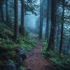 Fototapeta premium Enchanted Forest Pathway in Misty Green Wilderness Overview