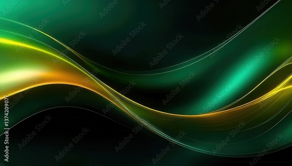 Poster vibrant green and yellow abstract wave with fluid light streaks on a dark background, perfect for di