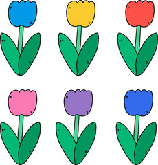 Set of colorful tulip cartoon drawing vector.