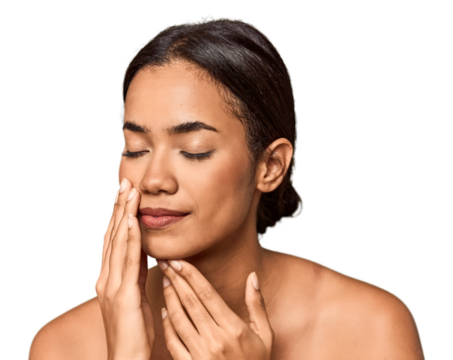 Young Filipino touching skin, radiance and care